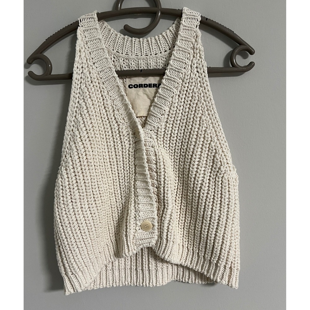 Cordera Knit Halter Vest Ribbed Button Front OS Ivory Upcycled Cotton Spain